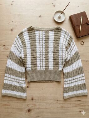 Striped Knit Puff Sleeve Sweater - Beige & White Y2k Sz L